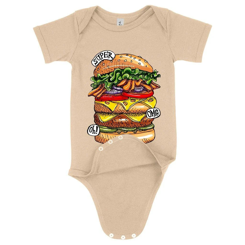 A cozy, flexible baby onesie featuring a fun kai burger graphic design, made of premium Airlume cotton for softness and sustainability.