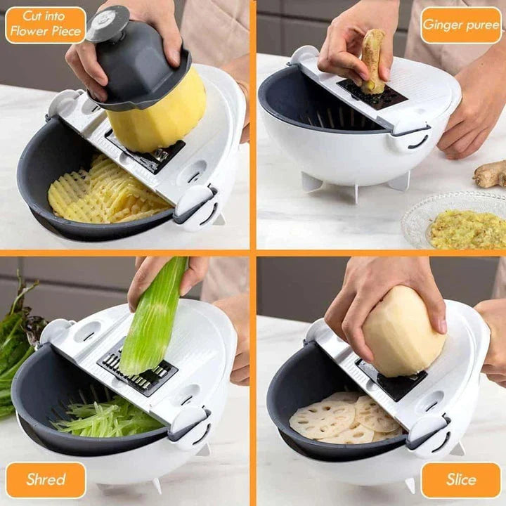 9-in-1 Vegetable Slicer with interchangeable blades for slicing, shredding, and julienning a variety of vegetables