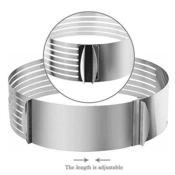 An adjustable stainless steel cake slicer with a ring that can be expanded or shrunk to fit cakes of different sizes, up to 12 inches in diameter.