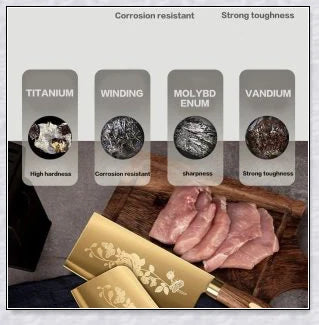 Titangold Designer Titanium Kitchen Knife Set with premium stainless steel blades and innovative titanium coating for enhanced corrosion resistance and durability.