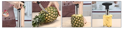 Stainless steel pineapple slicer with ergonomic handle and measurement markings for easy pineapple prep