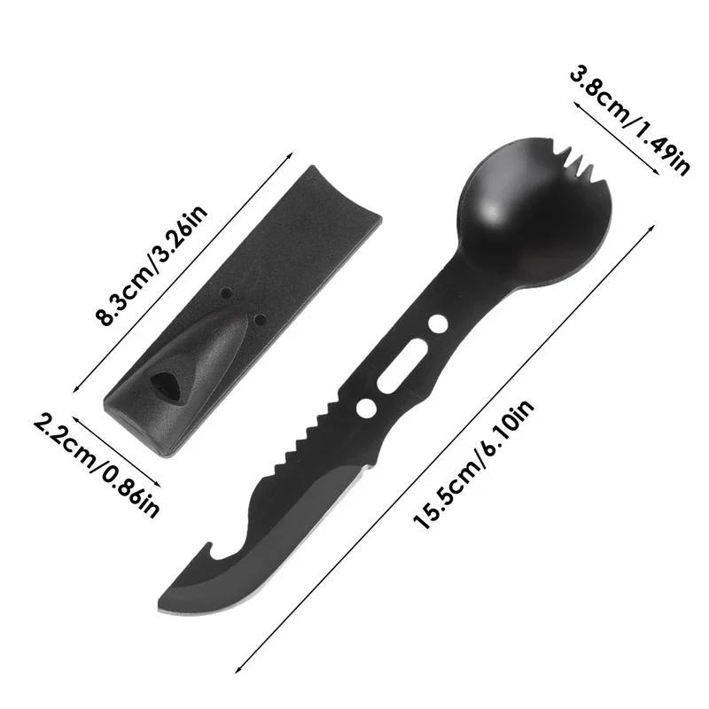 Versatile Outdoor Utensil: Kiwi-made camping spoon, fork, and cutter with survival whistle