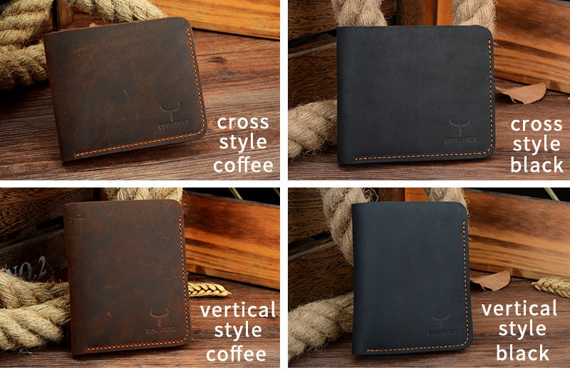 COWATHER™ Premium Leather Vintage Wallet in coffee cross and black vertical styles