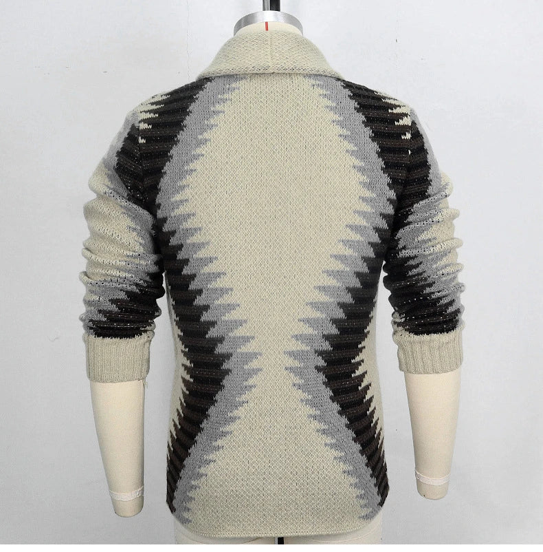 Warm, cozy knitted sweater in classic khaki hue with jacquard pattern, perfect for Kiwi men