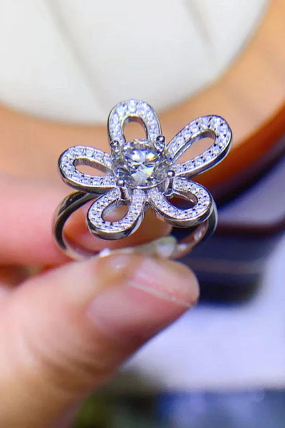 Moissanite flower-shaped open ring with 1 carat center stone and platinum plating