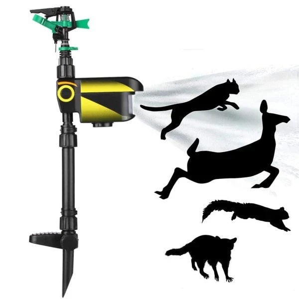 Garden Solar Scarecrow with motion-activated water sprinkler for humane animal deterrence and pest control