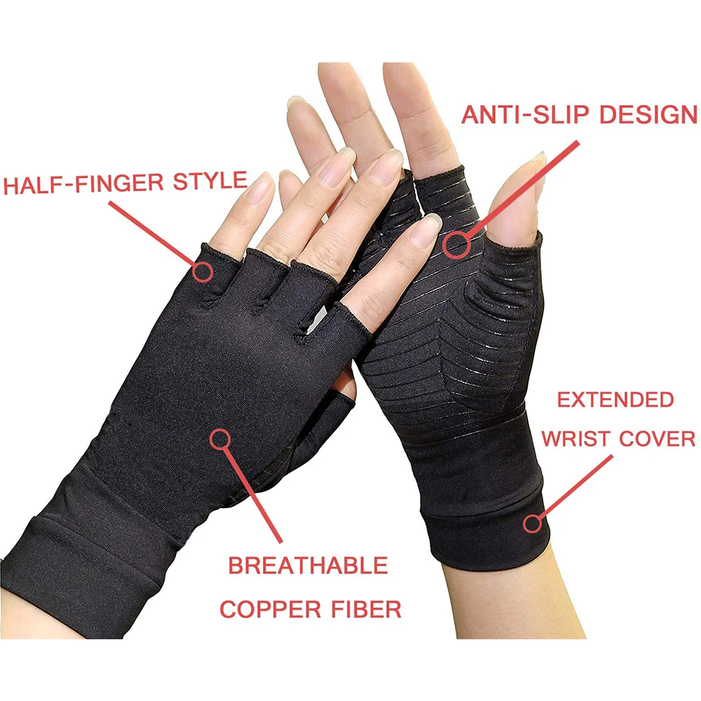 Cosy copper compression gloves designed to relieve arthritis pain and keep hands warm