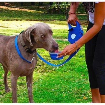 Durable multi-functional dog leash with built-in water bottle, collapsible bowl, waste bag dispenser, and hook for used bags