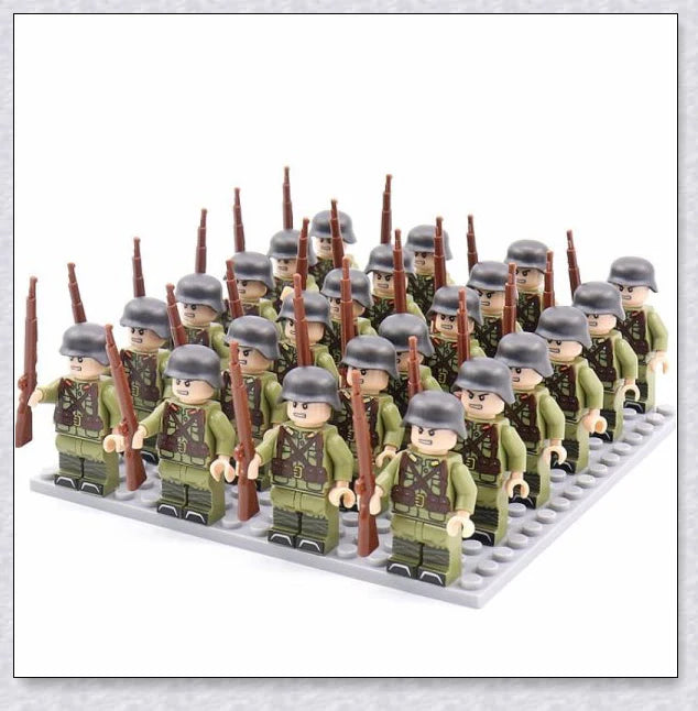 Detailed WWII military building blocks with tanks, planes, and soldiers from Germany, France, Italy, Japan, and Britain