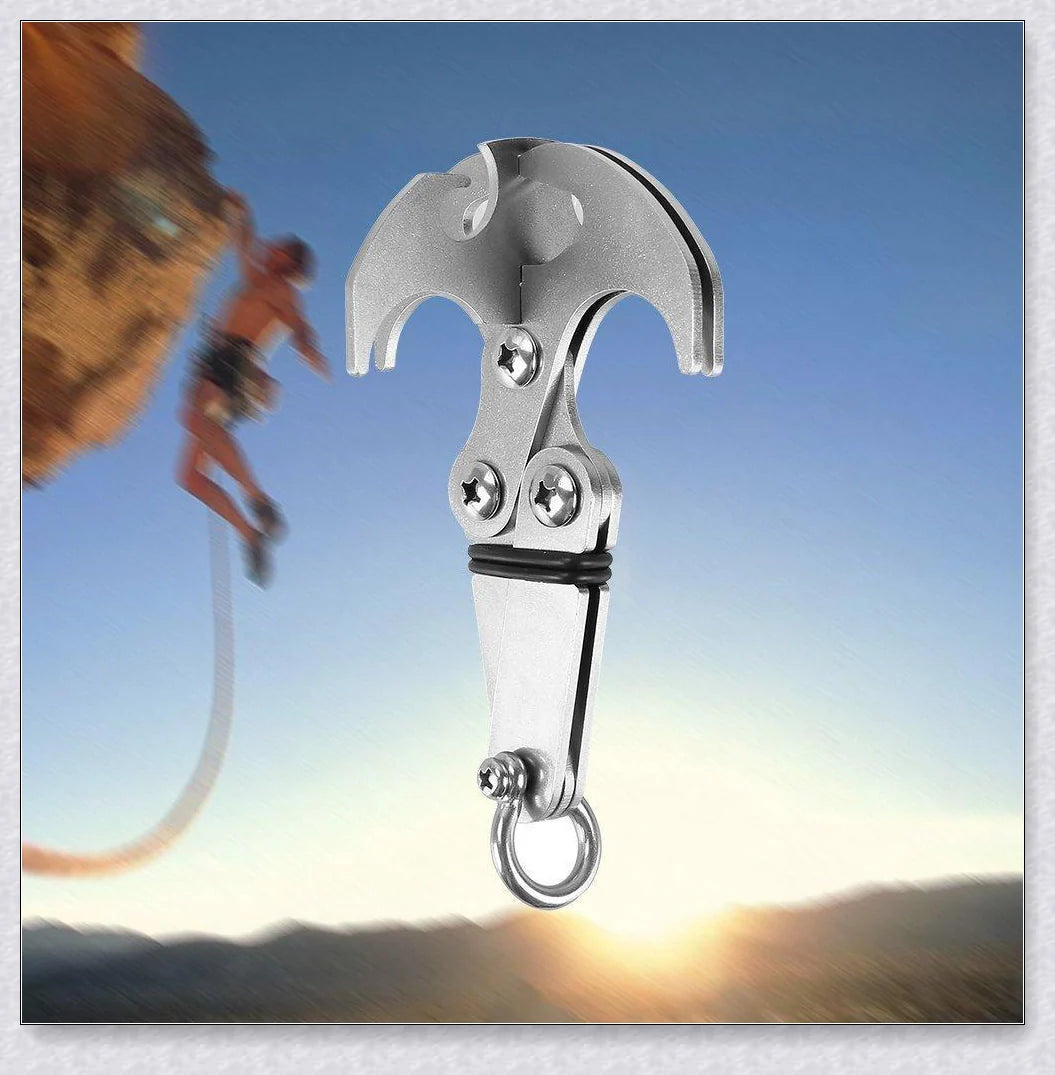 Sturdy stainless steel grappling hook with gravity-powered jaws, designed for outdoor adventures and survival in New Zealand