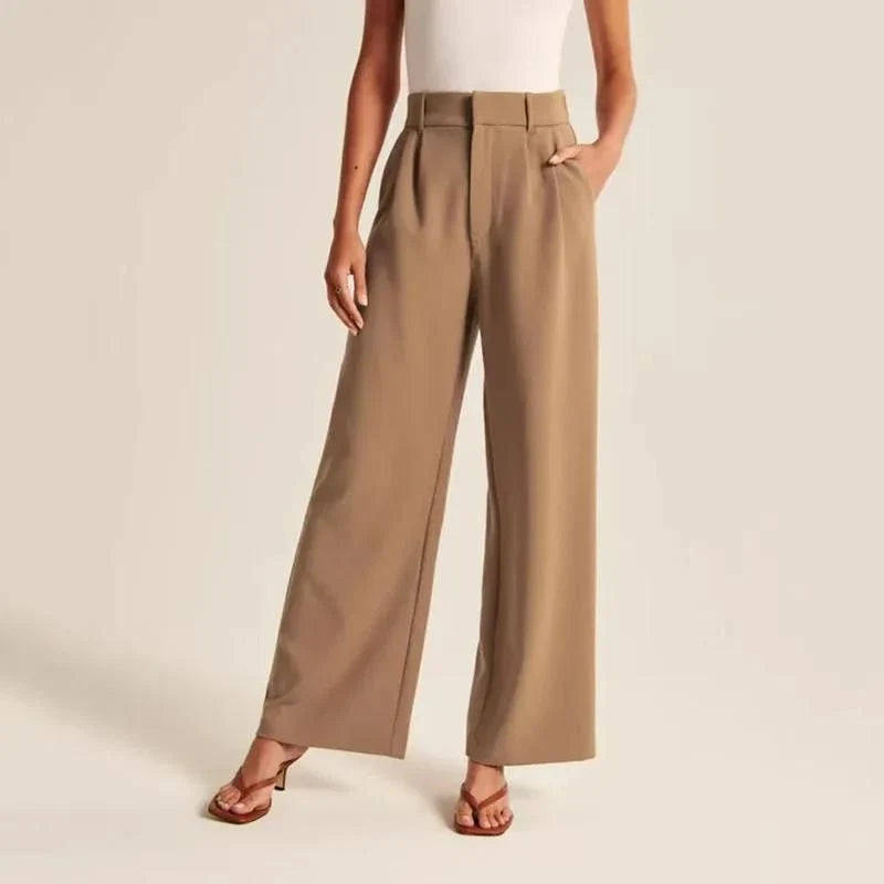 Elegant wide leg trousers for Kiwi women in a gray blue color, featuring a high-waist design and straight leg silhouette