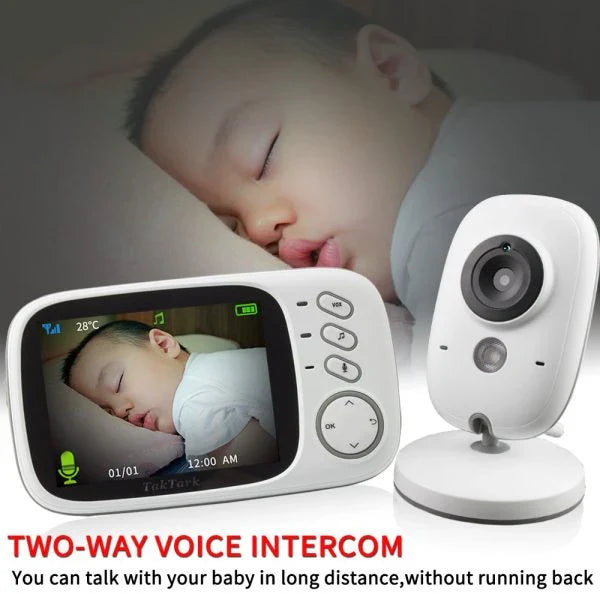 A compact, white digital baby monitor with a 3.2-inch screen, offering features like two-way intercom, temperature monitoring, and automatic night vision.