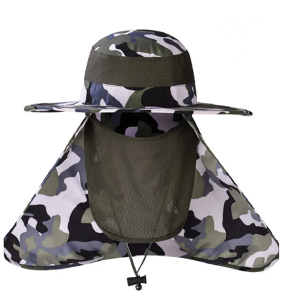 Versatile camo tactical bucket hat with removable neck cape and face shield for outdoor activities like fishing, hiking, and more