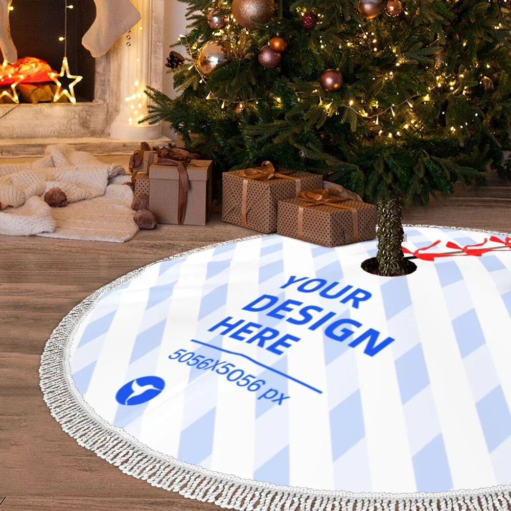 Christmas tree apron with fringed edge and single-sided print, made of durable polyester fabric with water-repellent bottom layer to protect floors.