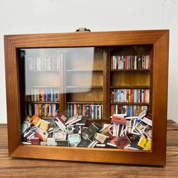 Compact wooden bookshelf toy with paper 'books' for anxiety relief and mindfulness, made in New Zealand