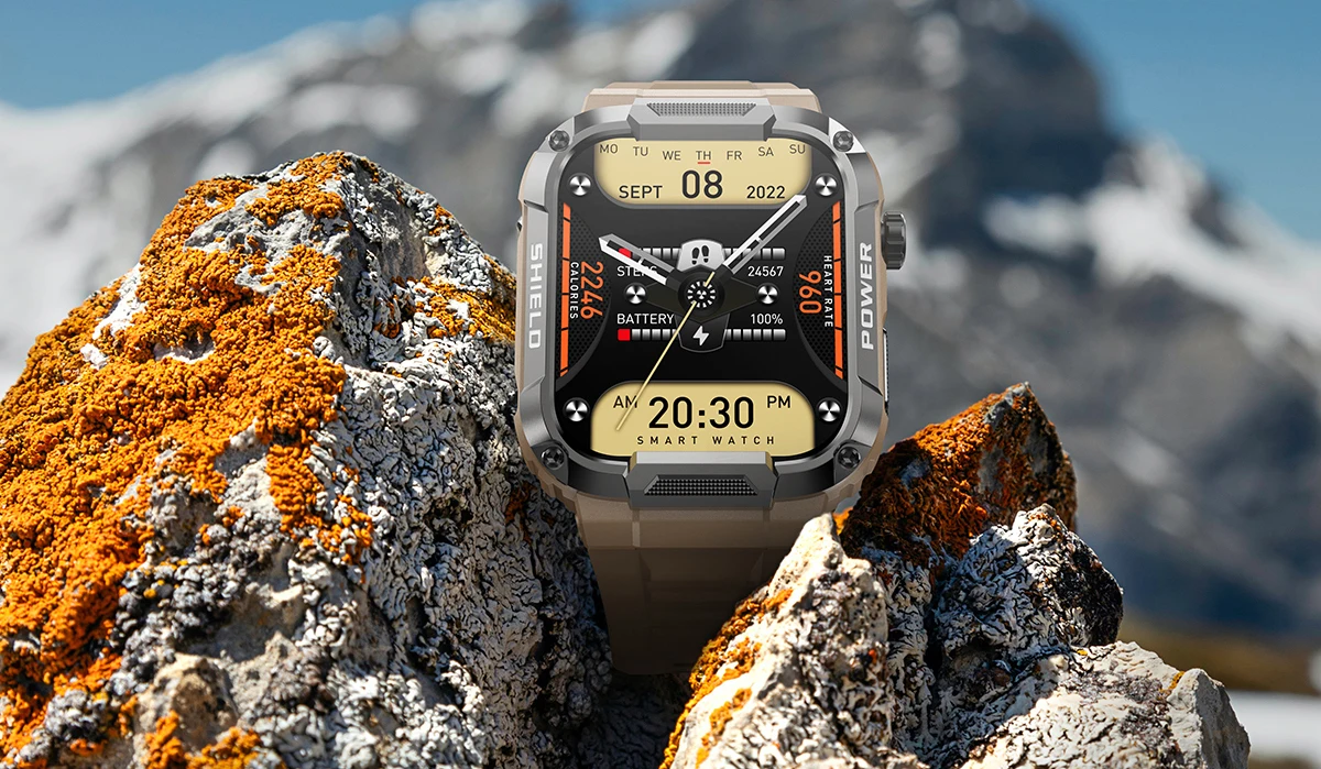 Rugged military-grade smartwatch with anti-smash and anti-fall design, real-time weather forecasts, and advanced health monitoring features