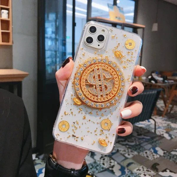 Transparent phone case with 3D diamond and dollar turnplate design