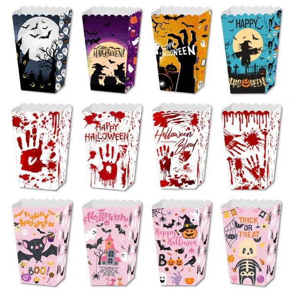 Creepop Halloween Popcorn Boxes with spooky pumpkin and blood handprint designs, perfect for Kiwi Halloween parties