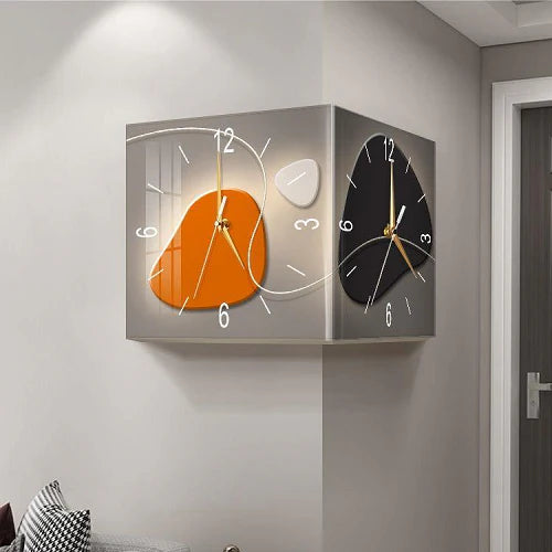 A double-sided corner wall clock made of premium acrylic with sleek aviation aluminum hands for a modern and elegant look