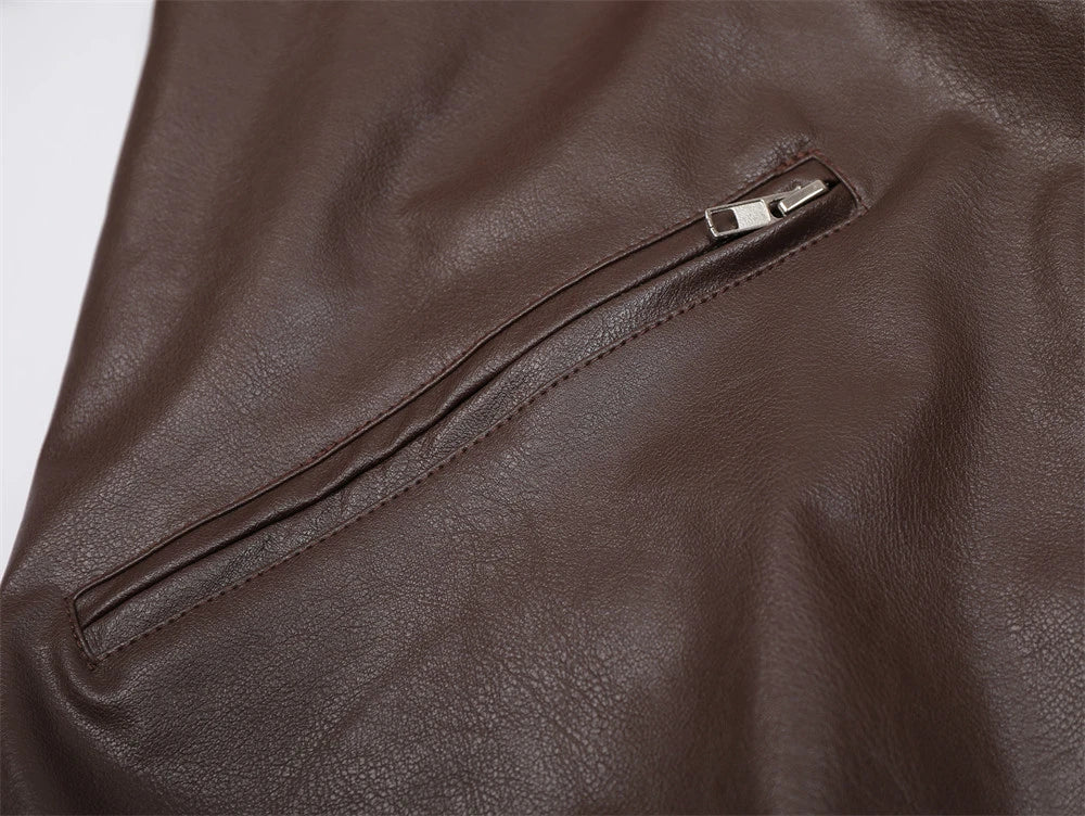 Stylish and durable men's leather coat with premium zipper closure, available in black and brown colors.