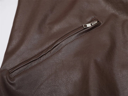 Stylish and durable men's leather coat with premium zipper closure, available in black and brown colors.