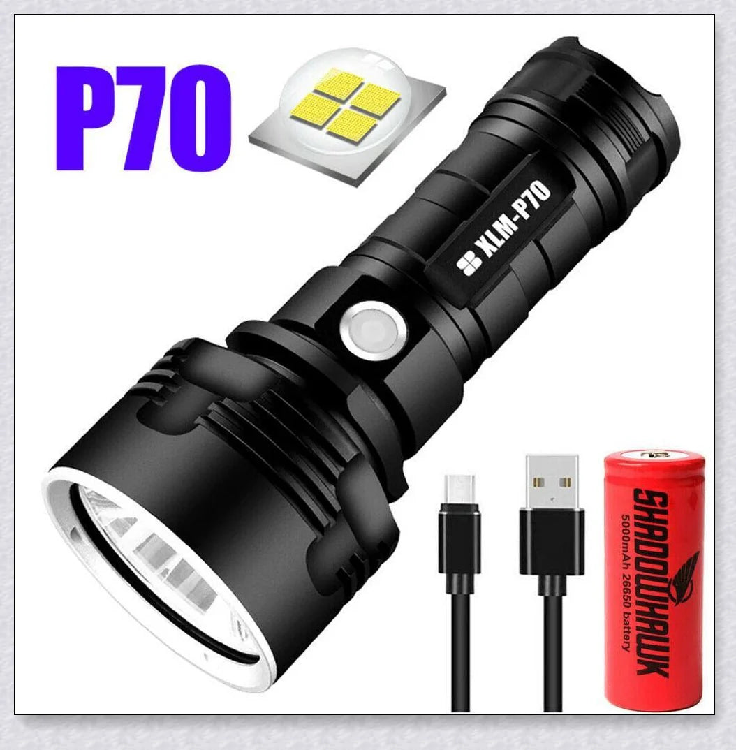 The Shadowhawk Flashlight, a high-powered LED flashlight with a maximum output of 90,000 lumens, providing exceptional illumination for various outdoor and emergency situations.