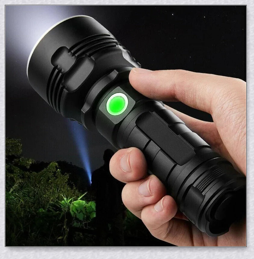 The Shadowhawk Flashlight, a high-powered LED flashlight with a maximum output of 90,000 lumens, providing exceptional illumination for various outdoor and emergency situations.