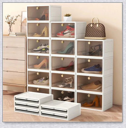 Spacious, foldable shoe storage box with clear plastic door panel for easy visibility and organisation