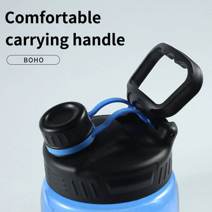 2 liter water bottle with straw, durable Tritan plastic construction, leak-proof design, time scale markings for hydration tracking