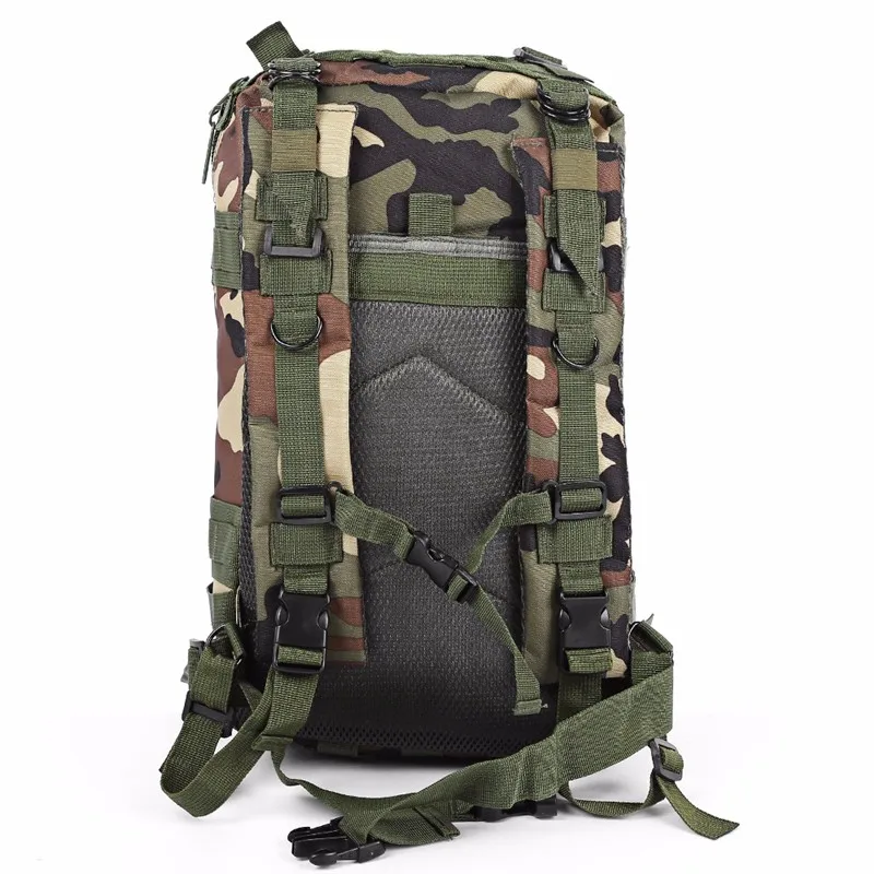 Army-inspired travel backpack with 8 camouflage patterns, featuring a spacious main compartment, adjustable straps, and breathable mesh back panel