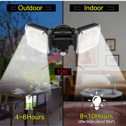 A super bright, adjustable solar-powered LED light with three rotatable heads for customizable outdoor lighting