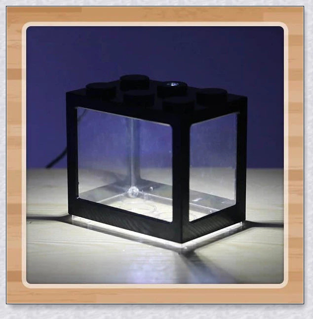 Stackable InspireHOME Mini Block Aquarium with LED lighting, showcasing various color options and configuration possibilities