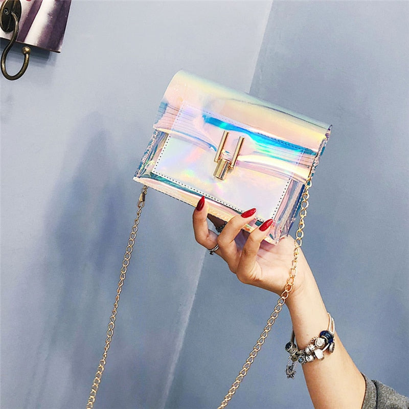 GEONYIEEK transparent modern coloured handbag in silver, pink, and blue shades with adjustable gold chain strap