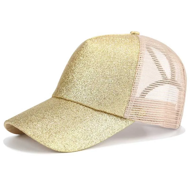 Women's mesh ponytail cap in various glitter and plain colours, featuring a sun visor and breathable design for comfort and style.