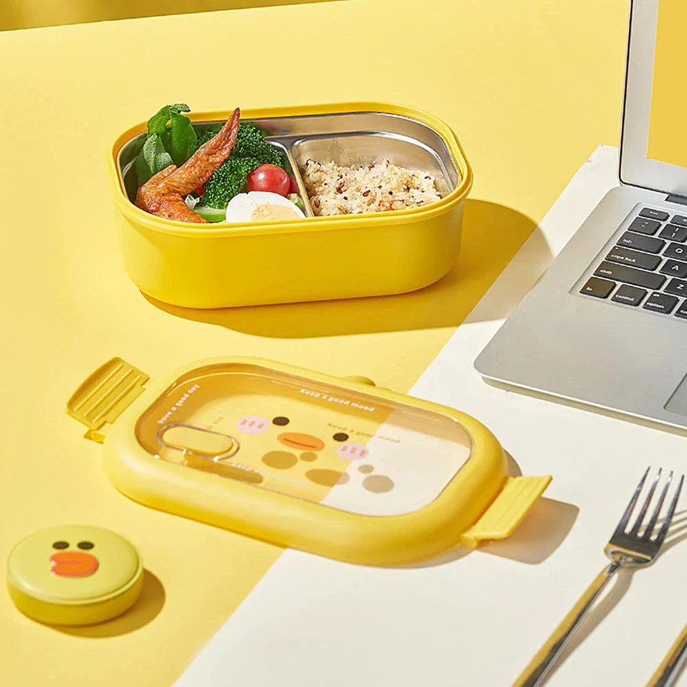 Stainless steel bento lunchbox with yellow lid and two compartments for healthy, leak-proof meals