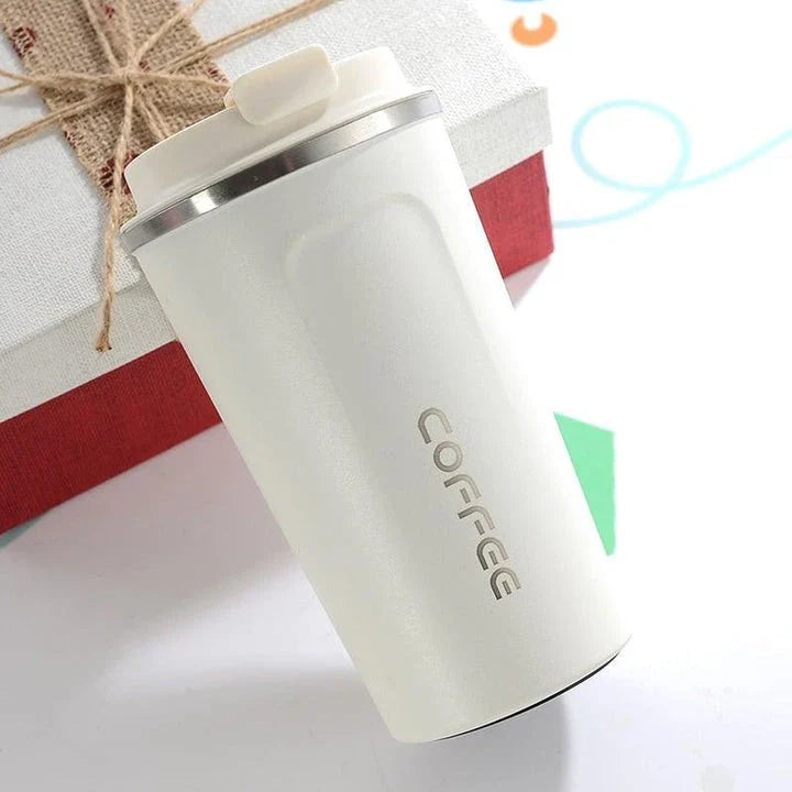 Stainless steel double-wall coffee mug with spill-proof lid, available in white color and small or large sizes