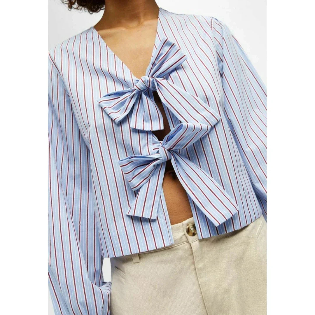 Elegant Striped Print V-neck Blouse with Lace-Up Detail and Captivating Design