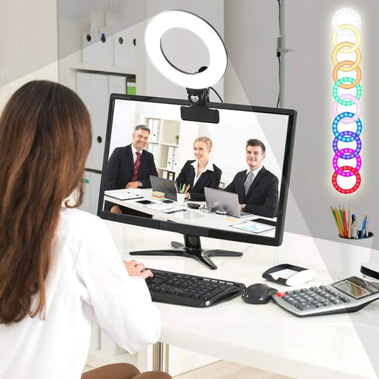 A durable, adjustable computer light ring with multiple color settings to enhance focus and productivity