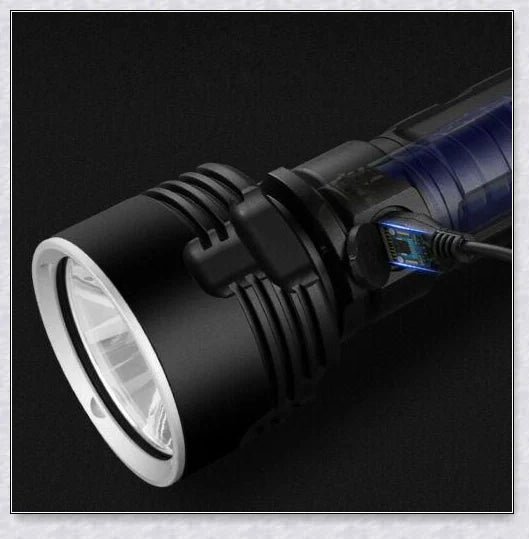 The Shadowhawk Flashlight, a high-powered LED flashlight with a maximum output of 90,000 lumens, providing exceptional illumination for various outdoor and emergency situations.