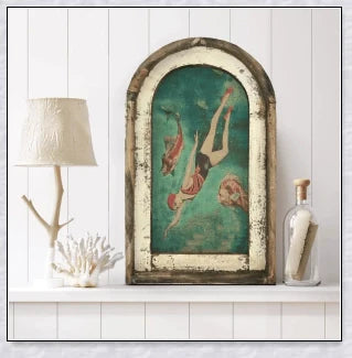 Charming swimming wall art featuring a serene coastal scene, perfect for adding a touch of Kiwi charm to your bathroom or living space