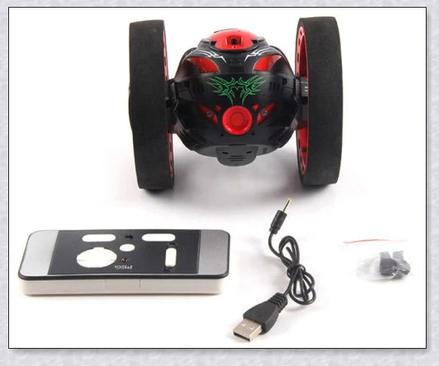 Mini 2.4GHz remote control bounce car in red and white, capable of jumping up to 31.5 inches high and performing stunts like 360-degree spins