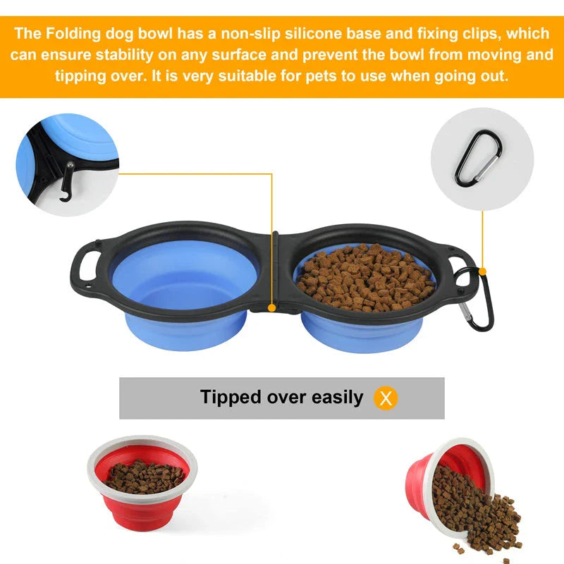 A pair of collapsible dog bowls made from premium silicone and plastic, perfect for outdoor adventures with your Kiwi pup.