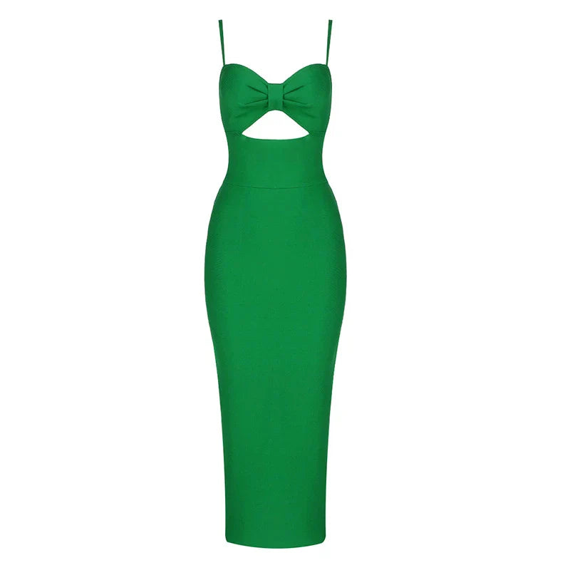 Sexy solid colour V-neck halter dress with a sleek, figure-hugging silhouette and long, flowing skirt