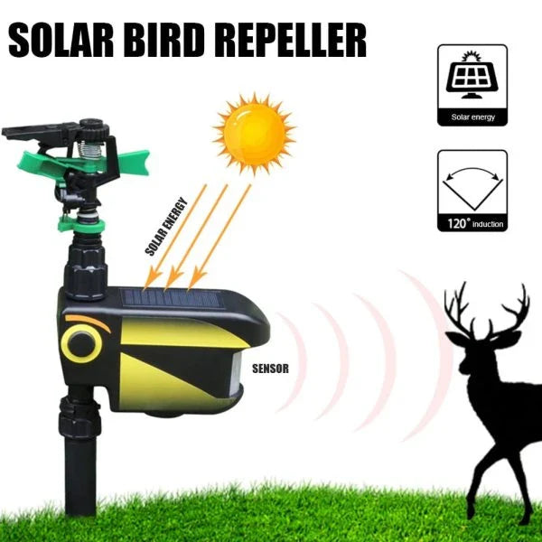 Garden Solar Scarecrow with motion-activated water sprinkler for humane animal deterrence and pest control