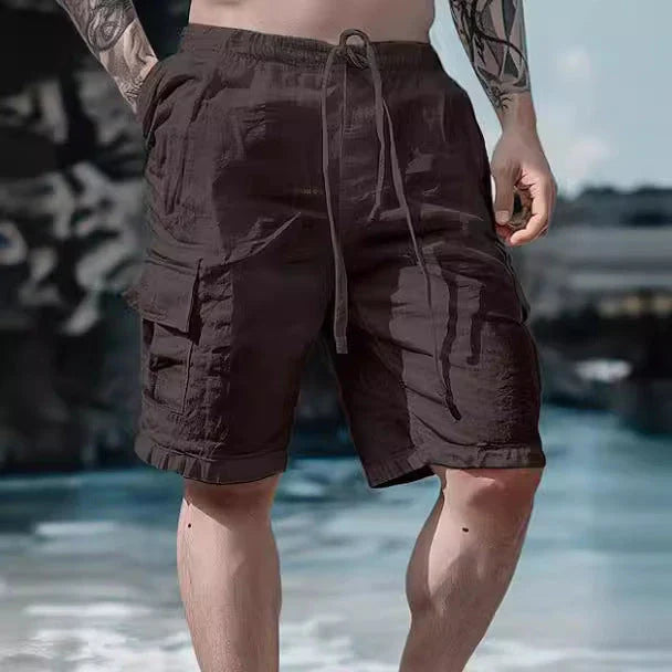 Cotton linen shorts with drawstring elastic waist and straight leg, available in various colors for casual summer style