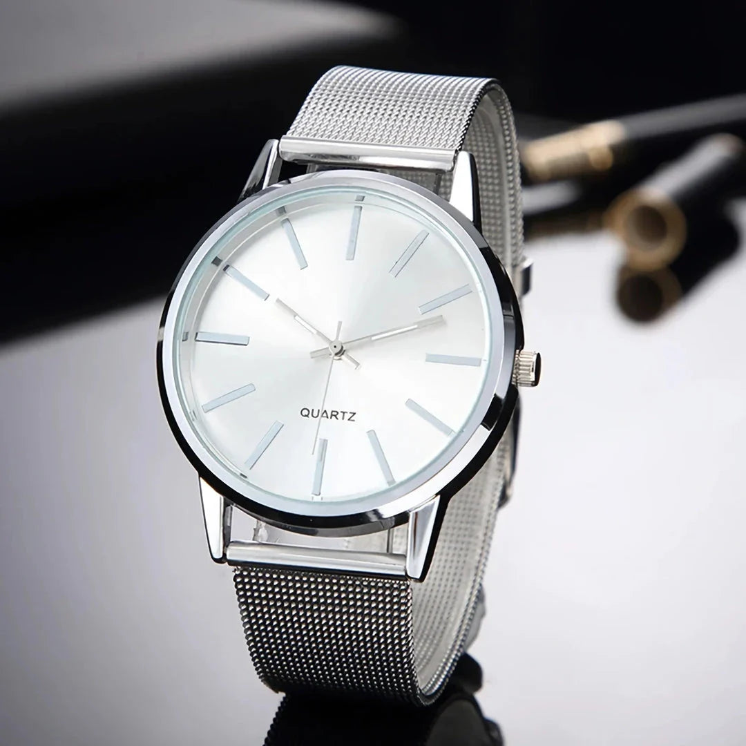 Elegant minimalist quartz business watch with a sleek silver design, suitable for professional Kiwi women