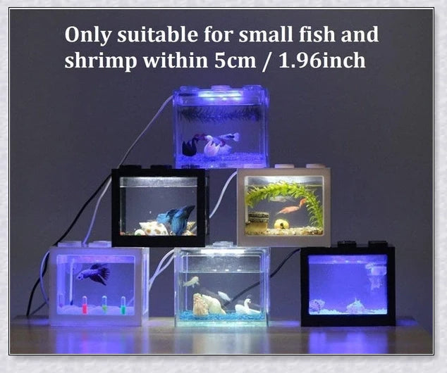 Stackable InspireHOME Mini Block Aquarium with LED lighting, showcasing various color options and configuration possibilities