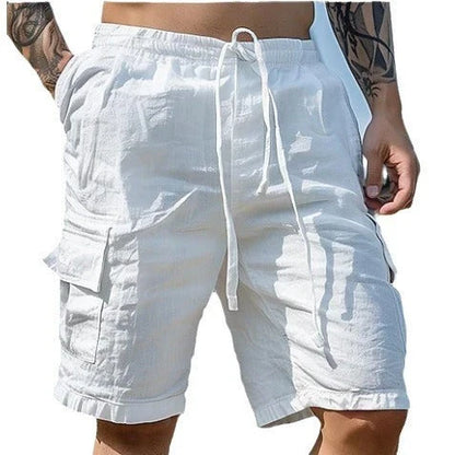 Cotton linen shorts with drawstring elastic waist and straight leg, available in various colors for casual summer style