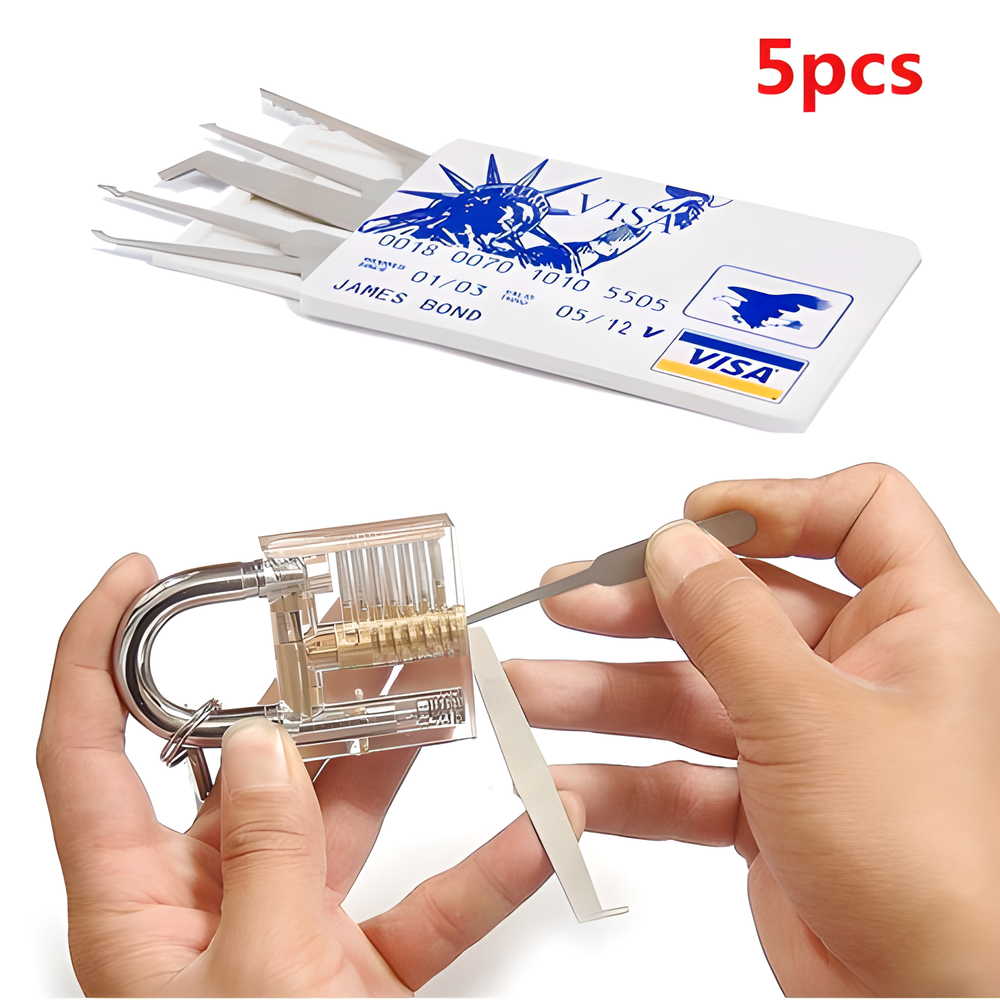 Concealed LockPicks Set with transparent practice lock and credit card-sized pick set case