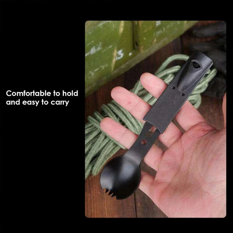 Versatile Outdoor Utensil: Kiwi-made camping spoon, fork, and cutter with survival whistle